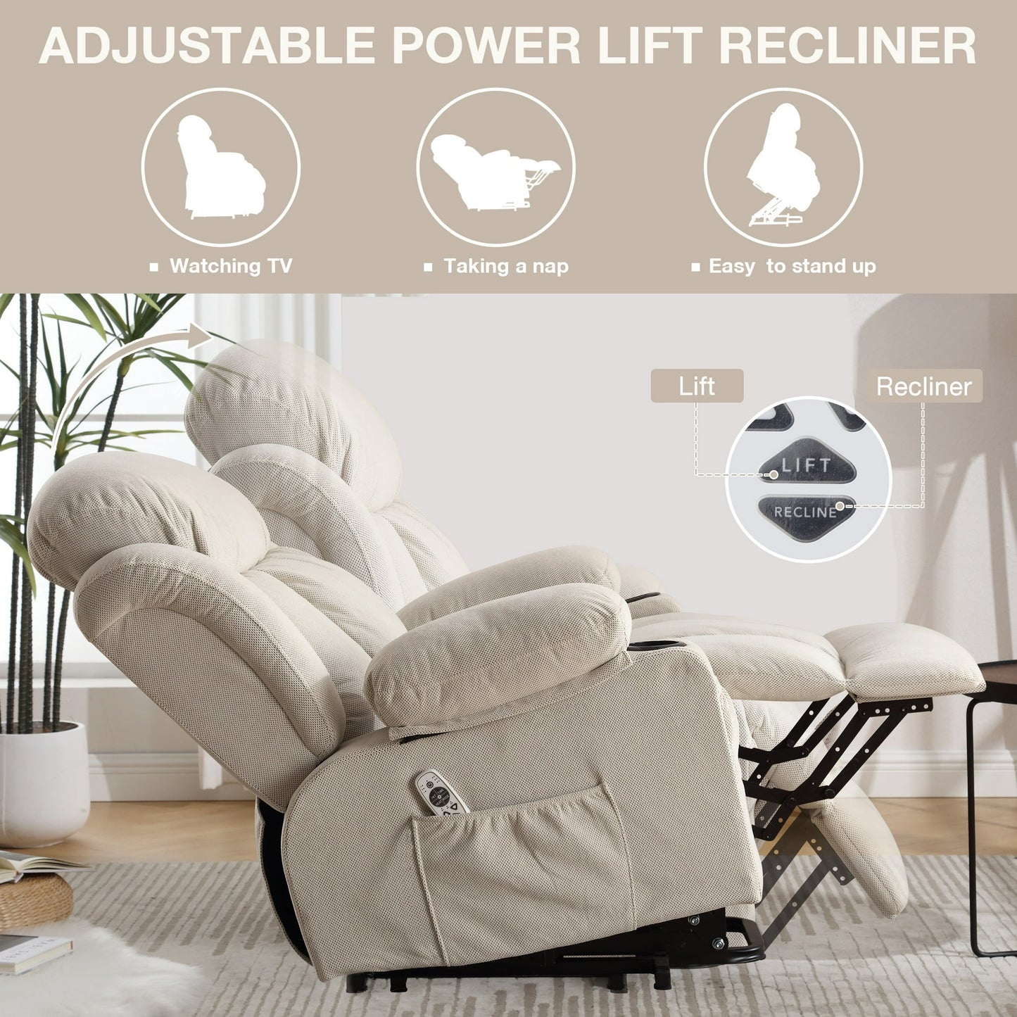 Home Recliner Chair with Remote Control for Living Room, Single Velvet Ergonomic Recliner Chair with Cup Holders, for Home Theater Seating Living Room Lounge Chaise, Beige