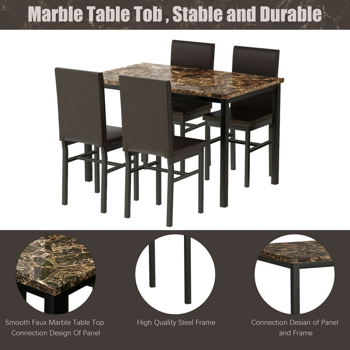 Kitchen Dining Table Set, Metal Kitchen Table Sets with 4 Chairs, Faux Marble Rectangular Breakfast Table w/Metal Legs & Black Finish Frame, Dining Table Sets for an Apartment Breakfast, S12528