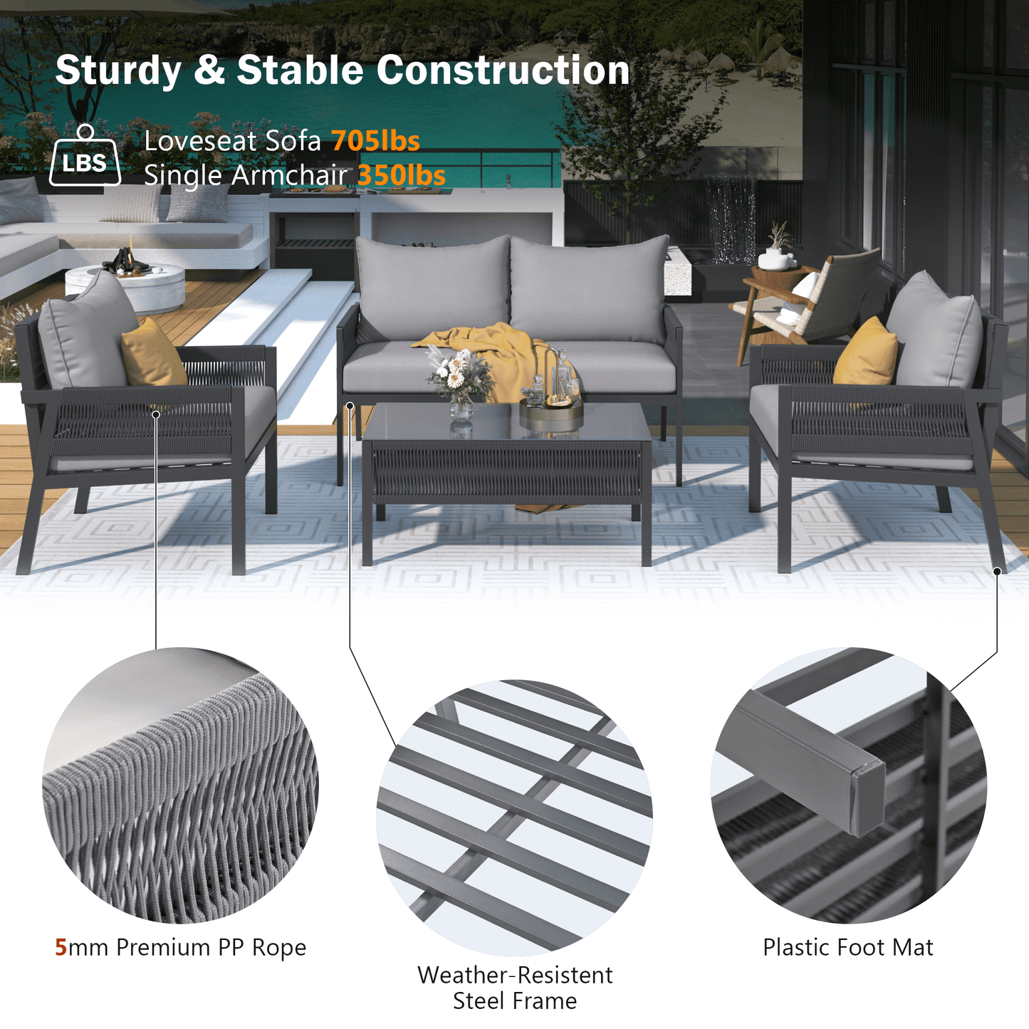 Segmart Wicker Patio Furniture Sets, 4PCS Outdoor Wicker Patio Sectional Sofa w/4 Padded Cushions, Tempered Glass Coffee Table, Armchair, Conversation Sets for Porch Backyard Garden, Beige