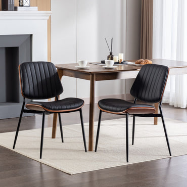 Furniture Mid Century Modern Dining Chairs Set of 2, Retro Faux Leather & Walnut Bentwood Back, Ergonomic Upholstered Seat, Tapered Metal Legs with Adjustable Feet