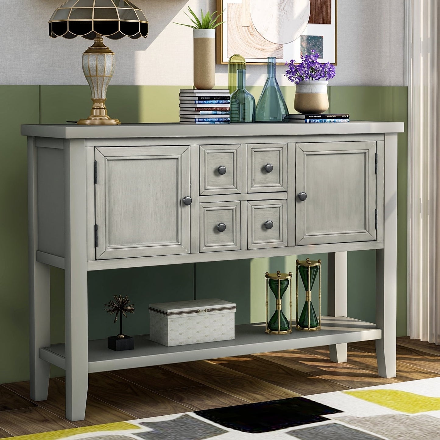Console Table with 4 Storage Drawers,Storage Vintage Wood Buffet Sideboard Desk with 2 Cabinets and Bottom Shelf, Retro Entryway Table Cupboard for Living Room, Foyer, Hallway