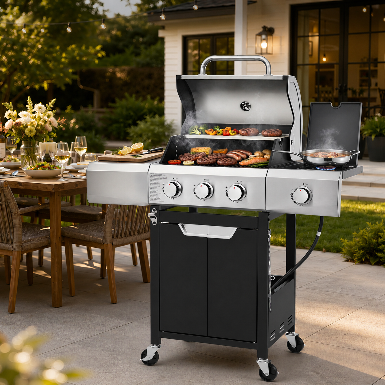 4-Burner Gas Grill with Side Burner, 51,000 BTU Propane BBQ Grill with Porcelain-Enameled Cast Iron Grates, Built-in Thermometer, Ideal for Patio Camping Outdoor Cooking