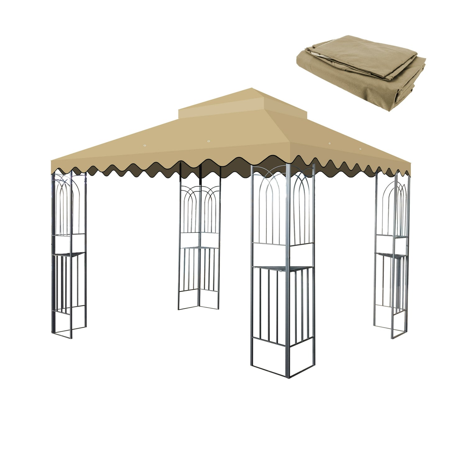 10x10 Ft Replacement Gazebo Canopy, Double Tiered Outdoor Patio Tent Roof Cover with Wavy Border, UV Protection & Water Repellent Polyester Fabric, Khaki (Frame Not Included)