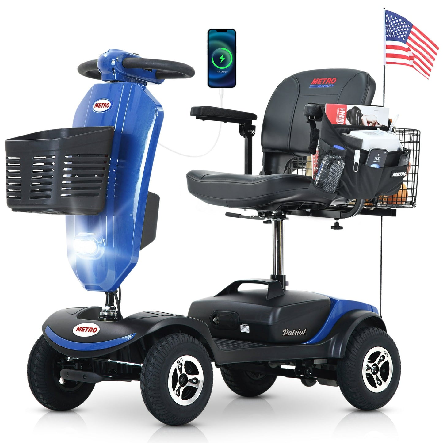 Outdoor Compact Mobility Scooter with Windshield, Extended Battery, USB Charger, Cup Holders & Storage Basket,300W Blue