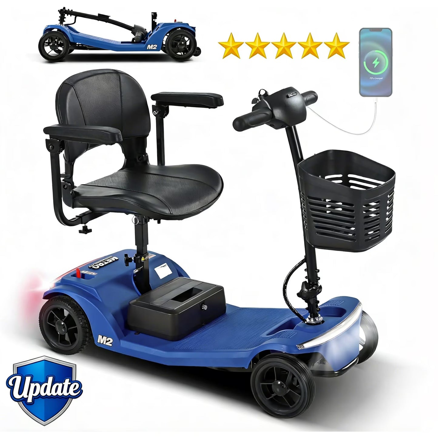 4-Wheel Foldable Mobility Scooter for Seniors, Portable Electric Power Scooter with Stable Anti-Tip Wheels, Rear Brake Light, USB charging port,Supports 330 lbs,Travel Scooter,Blue
