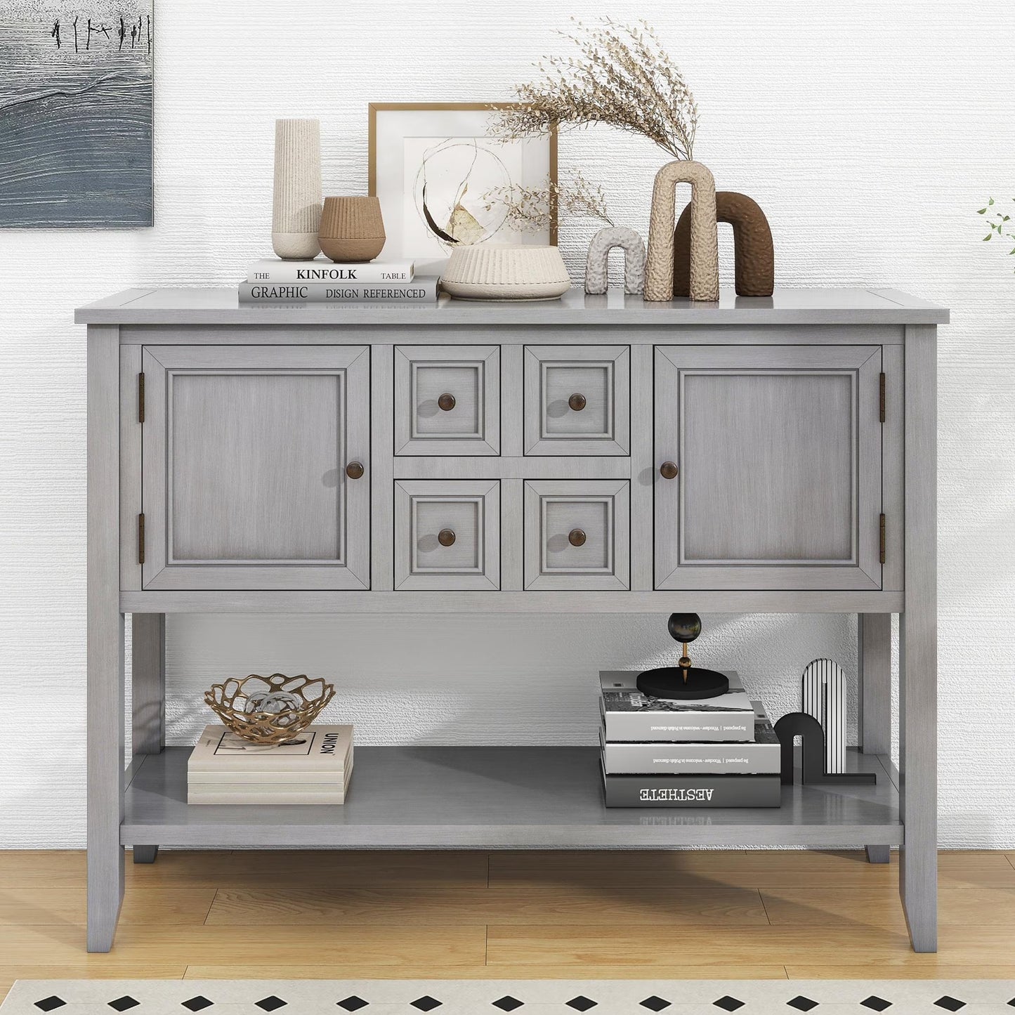 Console Table Buffet Sideboard, Upgraded Buffet Cabinet Sideboard with 4 Storage Drawers 2 Cabinets and Bottom Shelf, Wood Console Table Storage Cabinet for Dining Room Home, Antique Gray