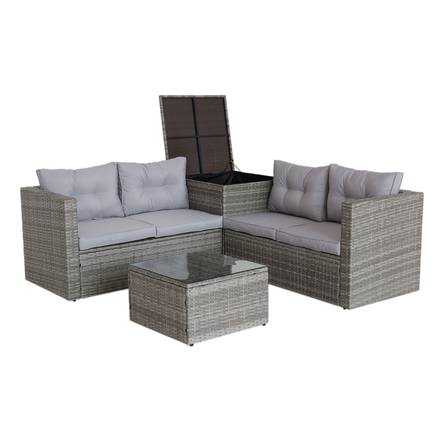 Deck Outdoor Wicker Furniture Sets, Patio Furniture Rattan Furniture Conversation Sets with Seat Cushions, Tempered Glass Coffee Table, Wicker Sets for Porch Poolside Backyard, Beige, S1556