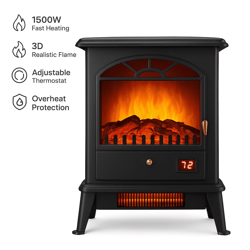 Enyopro 22" Electric Fireplace Heater, 1500W Freestanding Indoor Infrared Stove with 3D Realistic Flame, Overheat Protection, Portable Space Heater for Bedrooms, Offices & Apartments, Black