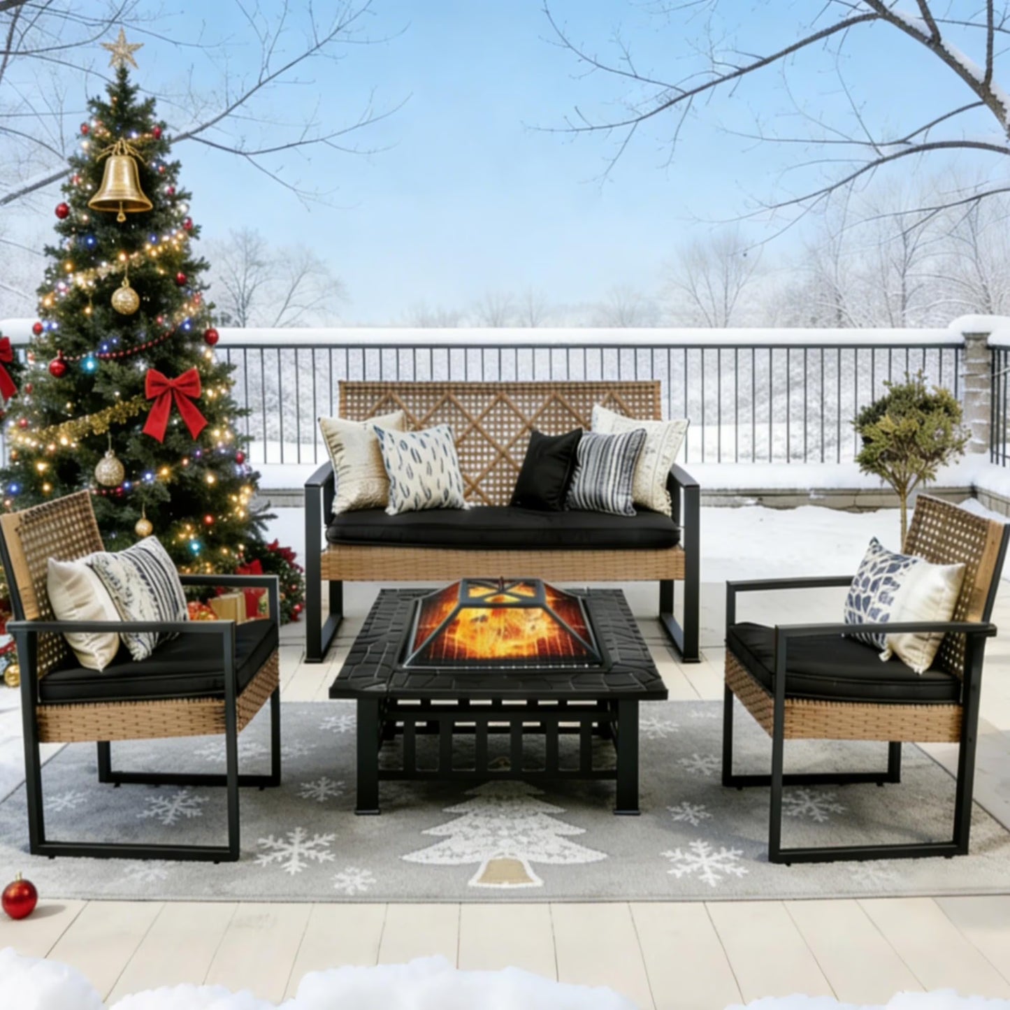 SESSLIFE 4-Piece Patio Furniture Set, Patio Dining Table and Chair Set With 32-inch Fire Pit, Outdoor Sofa Set With Cushions, For Porch, Patio, Garden, Poolside, Brown.