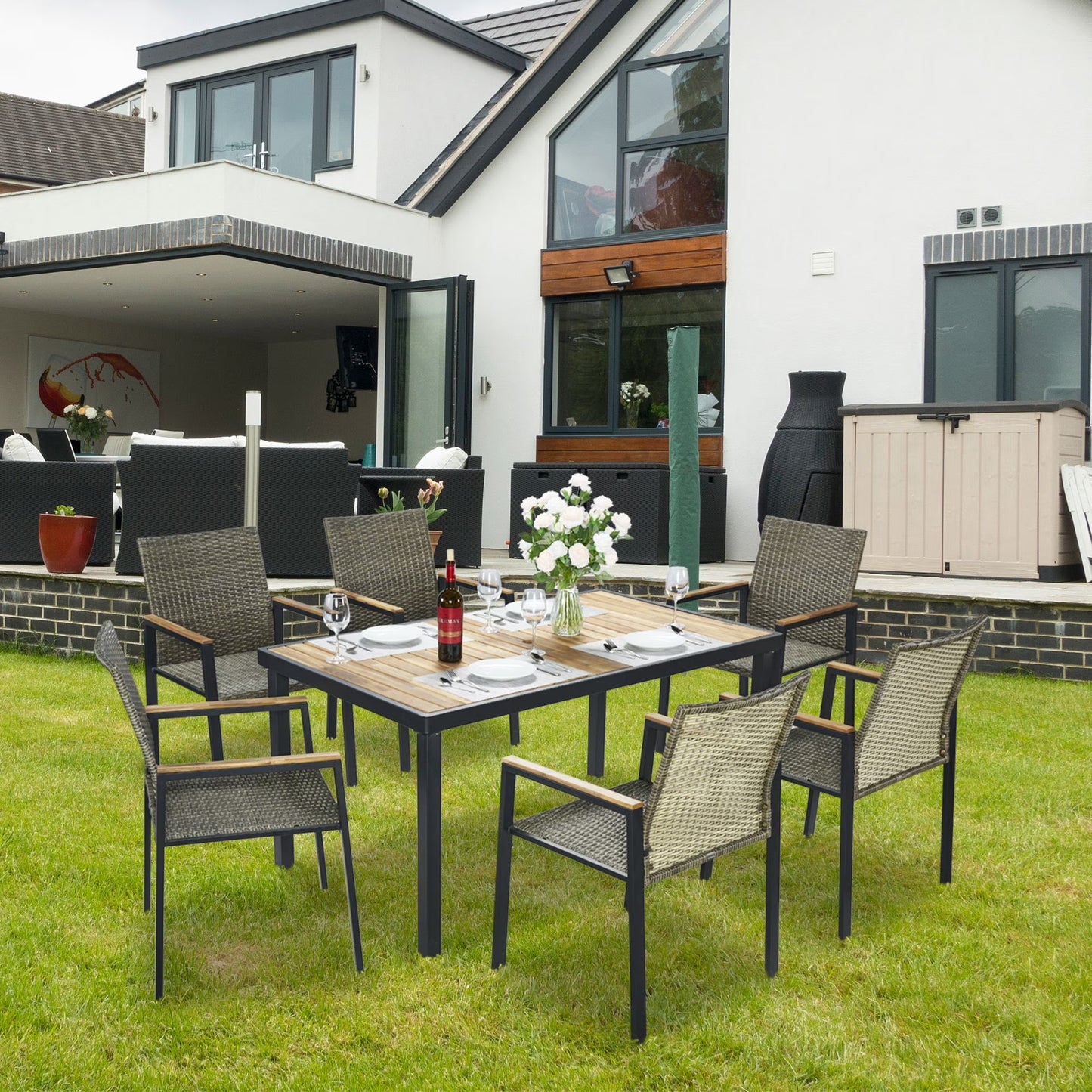 Enyopro 7-piece patio dining and chair set, outdoor rattan dining and chair combination, with umbrella holder, garden patio conversation set, brown-grey.