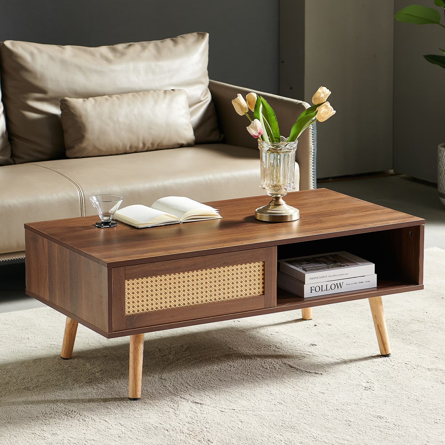 Enyopro wicker coffee table, wooden square coffee table, modern sofa side table, with storage and sliding doors, natural wood grain finish, for living room, bedroom, and apartment,Brown