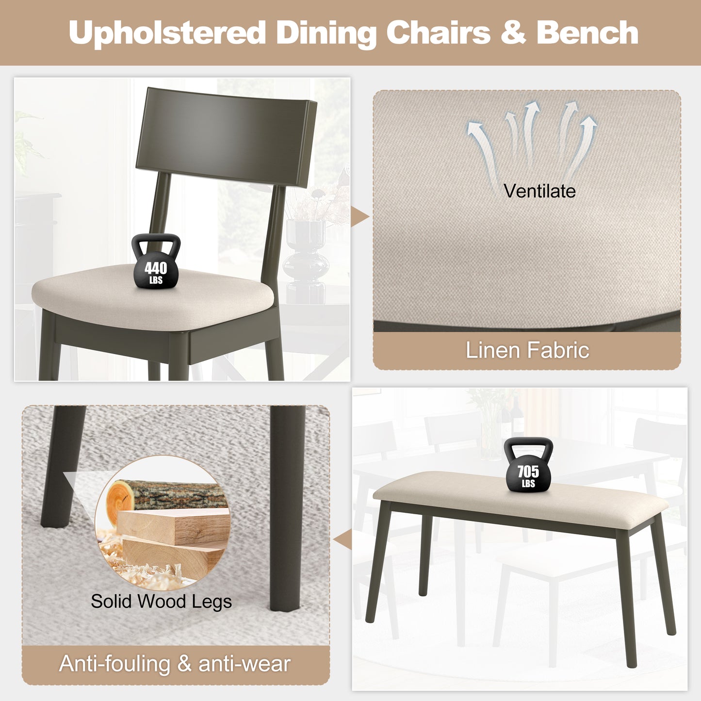 SEGMART Wood Dining Table and Chair Set of 6, Dining Room Set for 6 Persons with Bench, Rectangular Kitchen Table with 4 Microfiber Padded Chair Plus One Upholstered Bench, Farmhouse Kitchen Table Set