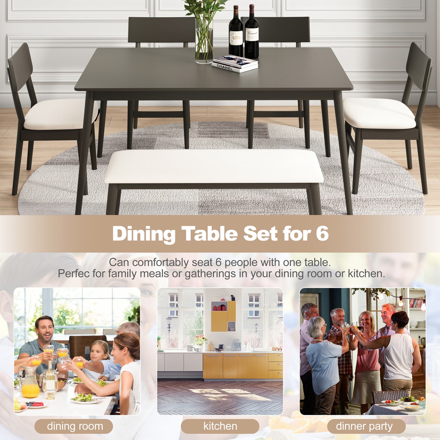 SEGMART Wood Dining Table and Chair Set of 6, Dining Room Set for 6 Persons with Bench, Rectangular Kitchen Table with 4 Microfiber Padded Chair Plus One Upholstered Bench, Farmhouse Kitchen Table Set