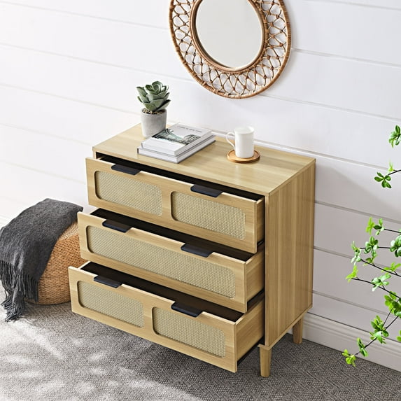 Walnut Wood 3 Drawer Rattan Dresser, MDF Wood Chests of Drawers Cabinet with Metal Handles, Bosmian Bedroom Furniture Drawers for Closet to Storing Clothes, Cosmetic, Walnut