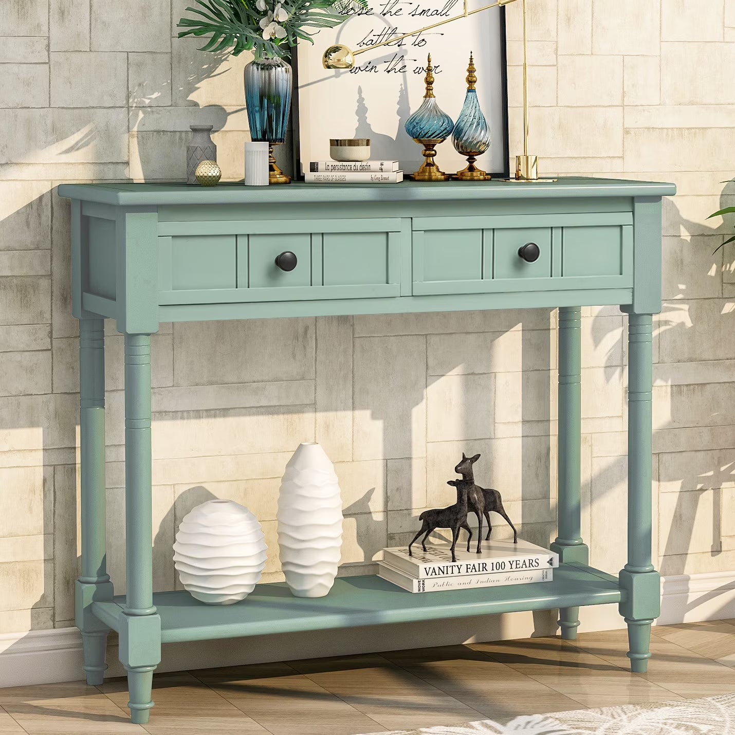 Entryway Console Table with 2 Drawers, Buffet Sideboard, SEGMART Wood Sofa Table Narrow Long with Storage Shelves for Living Room, Couch, Hallway, Foyer, Kitchen Counter, Retro Grey