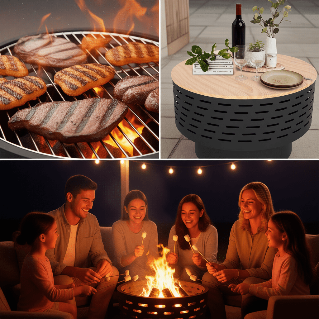 Fire Pit for Outside, Segmart 3 in 1 Burning Fire Pit Table for BBQ, 24“ Wood Firepits with Lid, BBQ Grill, Ash Net, Poker, Large Firepits for, Graden, Backyard, Camping