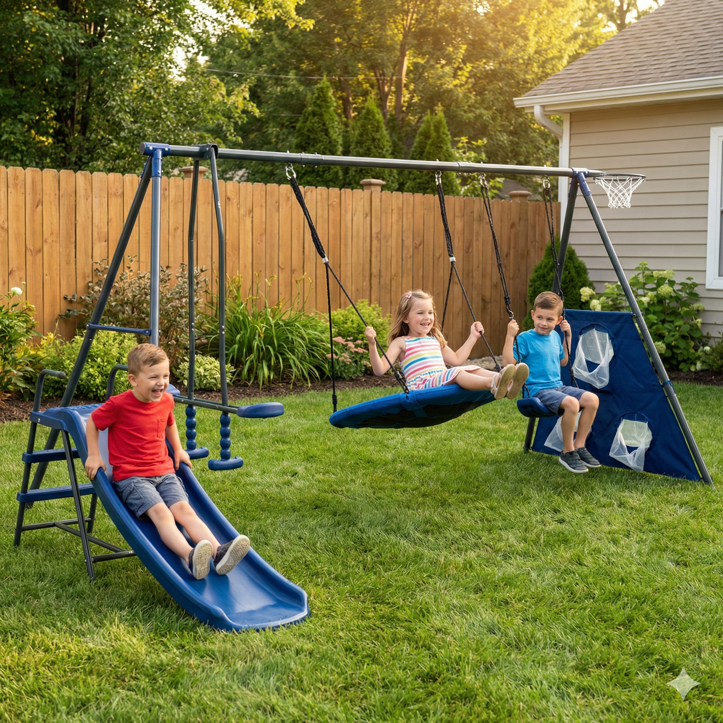5 in 1 Outdoor Metal Swing Set with Seesaw Swing, Playground Swing Sets with Heavy-Duty A-Frame Metal Outdoor Stand, Swing n' Slide Playset for Kids with Basketball Hoop