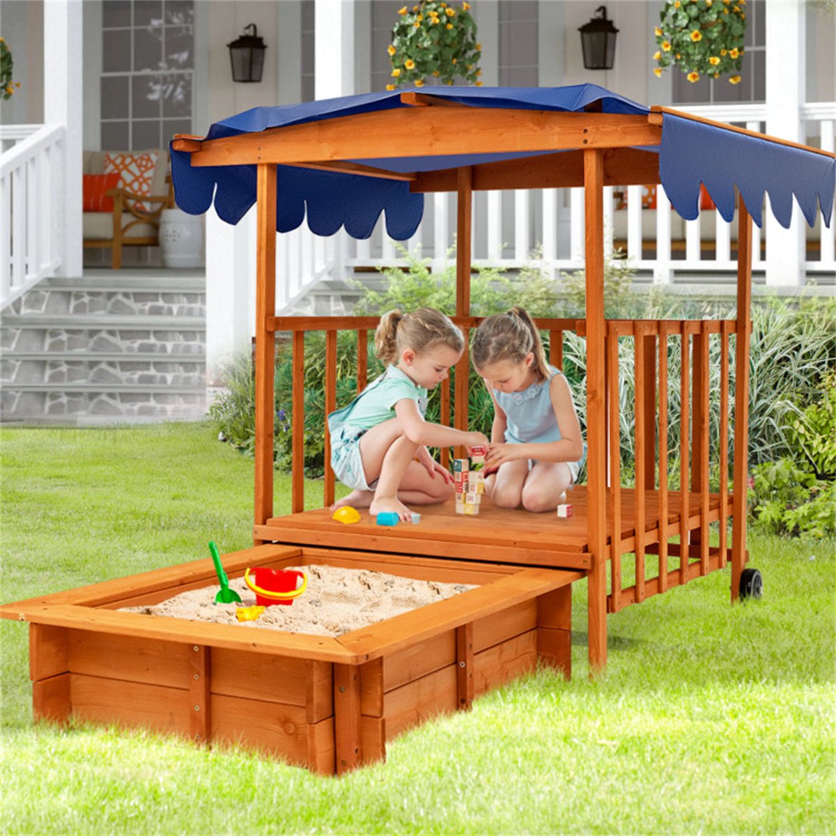 Kids Playhouse with Sandbox, SEGMART Wooden Playhouse Sandbox with Canopy, Outdoor Sandbox Playhouse with Seats and Cover, Wood Kids Sandbox with Roof for Backyard Playset Ages 3+