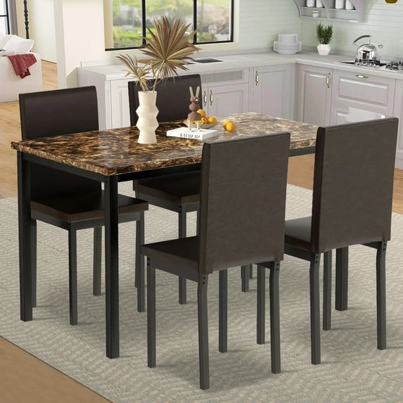 Kitchen Table and 4 Chairs Set, Metal Kitchen Table Sets Faux Marble Rectangular Breakfast Table w/Metal Legs & Black Finish Frame, Dining Table Sets for an Apartment Breakfast, SS1268
