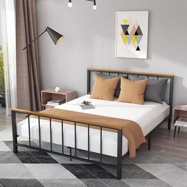 Metal Platform Bed with Wood Headboard, Queen Size Bed Frame with Footboard, 7 Metal Legs, Noise-Free, No Box Spring Needed, Easy assembly, Maximum Under-bed Storage, 600lbs, S2059