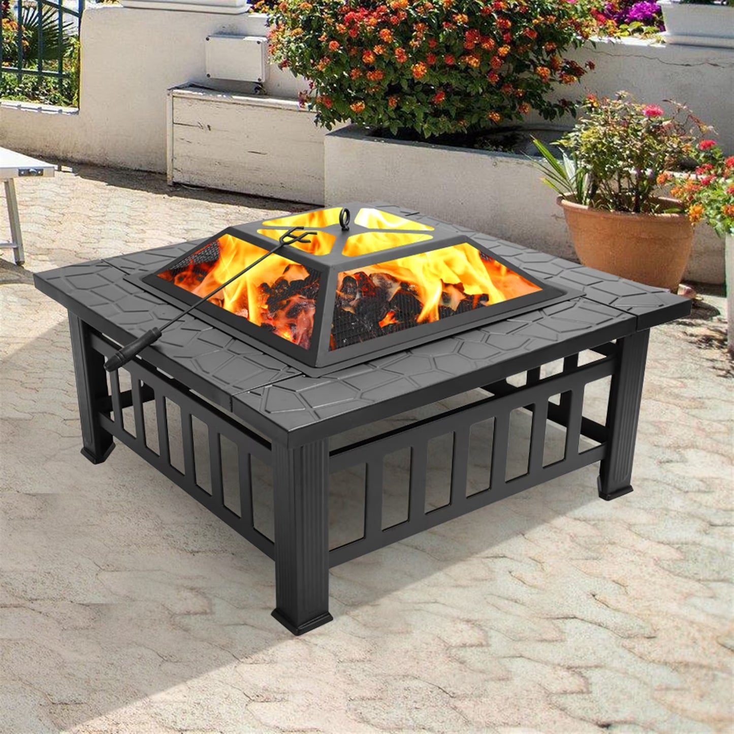 32" Fire Pits for Outside, SEGMART Outdoor Fire Pit, Square Wood Burning Fire Pit with Grill, Poker, Fire Pit Table for Patio BBQ, Backyard Fire Pit, Firepit for Outside Patio, Black