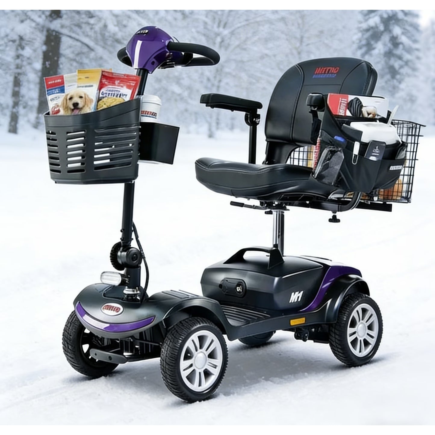 4 Wheel Mobility Scooter, Foldable Lightweight Electric Wheelchair with LED Lights,360° Swivel Seat, Portable Power Mobile,300 lbs Max with Charger & Basket for Adult & Elderly– Purple