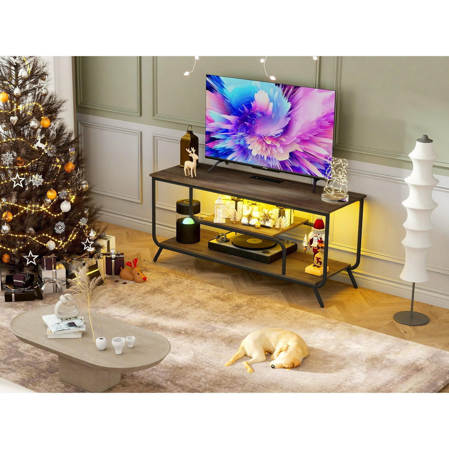 Modern 55 Inch TV Stand with Power Outlets & LED Lights, Minimalist TV Console Table with Storage Shelf for Living Room/Bedroom, Light Grey