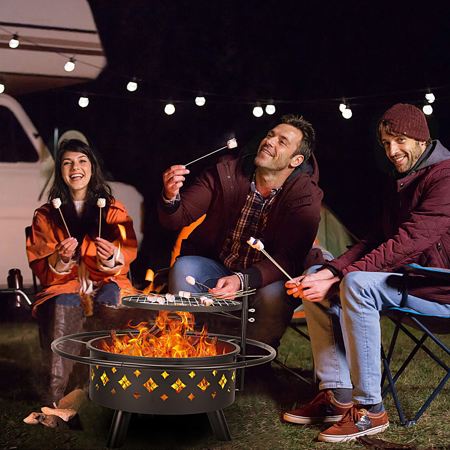 SEGMART 2-in-1 Fire Pit, 31'' Outdoor Fireplace, Round Metal Fire Pit Stove with 17.7 Inch Adjustable Height Cooking Grill Grate & Poker for Backyard Garden Camping Picnic Bonfire