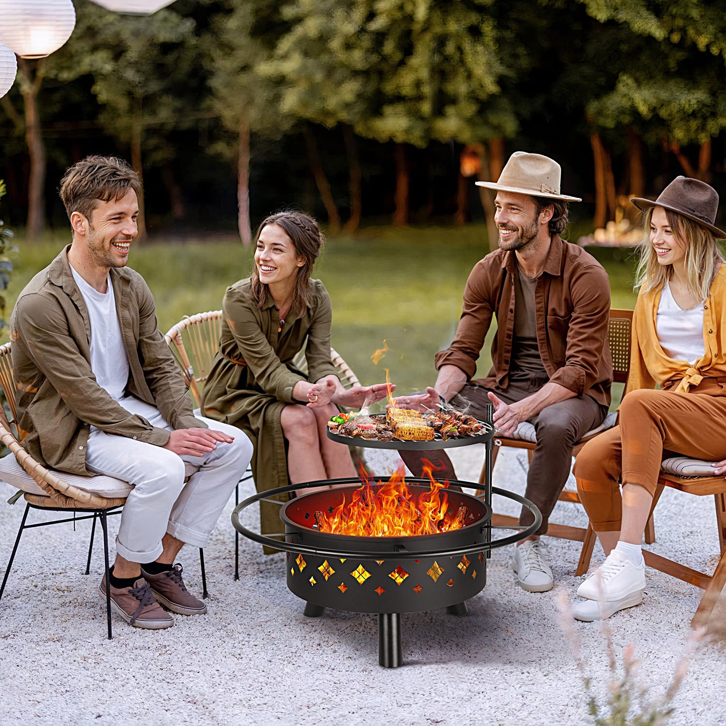 SEGMART 2-in-1 Fire Pit, 31'' Outdoor Fireplace, Round Metal Fire Pit Stove with 17.7 Inch Adjustable Height Cooking Grill Grate & Poker for Backyard Garden Camping Picnic Bonfire
