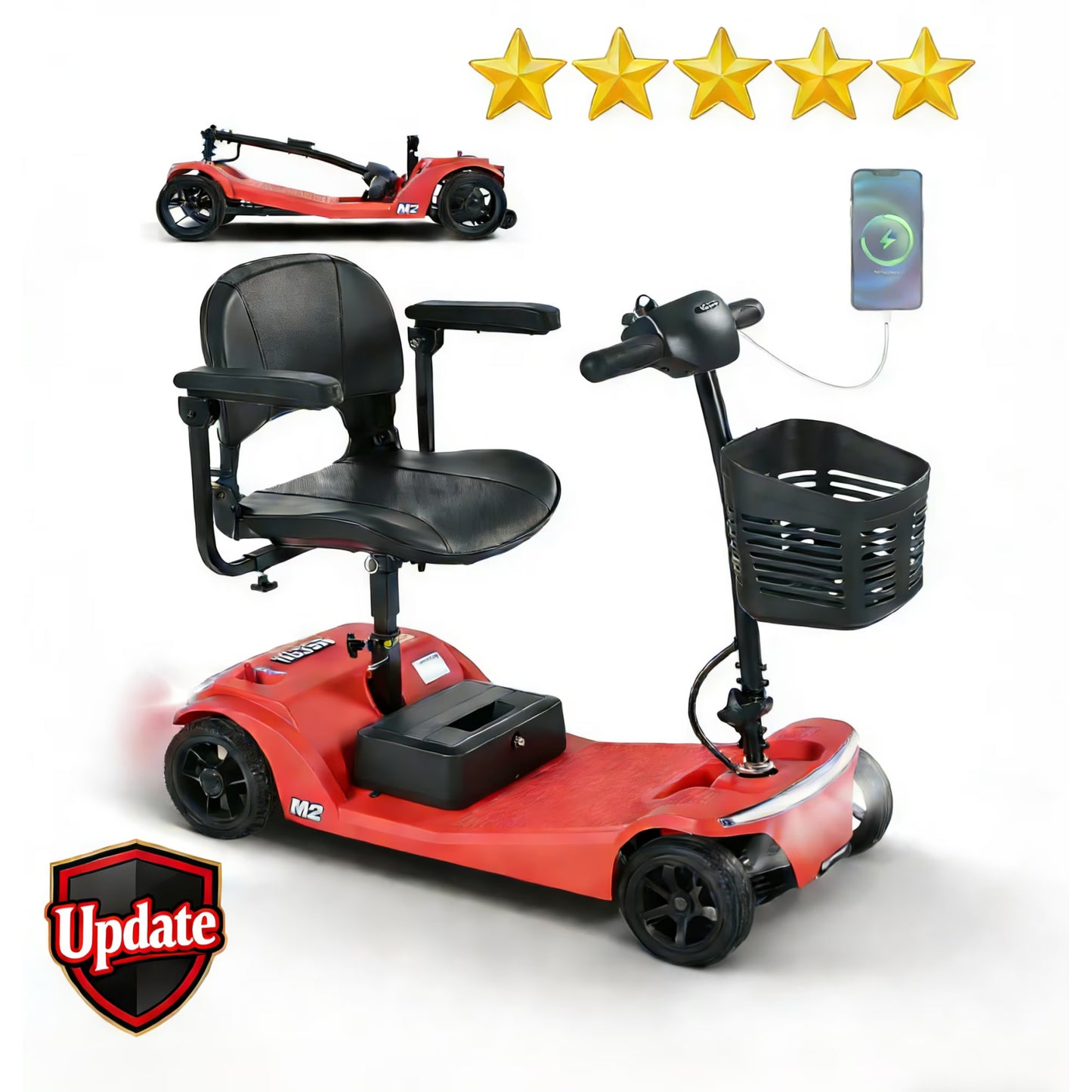 4-Wheel Foldable Mobility Scooter for Seniors, Portable Electric Power Scooter with Stable Anti-Tip Wheels, Rear Brake Light, USB charging port,Supports 330 lbs,Travel Scooter,Red