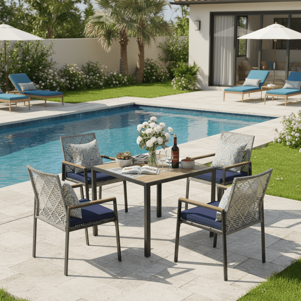 Segmart 5-Piece Patio Dining Set,All Weather Acacia Wood Table & PE Rattan Chairs, Water Resistant, 4-Seater Outdoor Furniture for Garden & Backyard,Light Gray