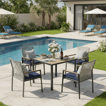 Segmart 5-Piece Patio Dining Set,All Weather Acacia Wood Table & PE Rattan Chairs, Water Resistant, 4-Seater Outdoor Furniture for Garden & Backyard,Light Gray
