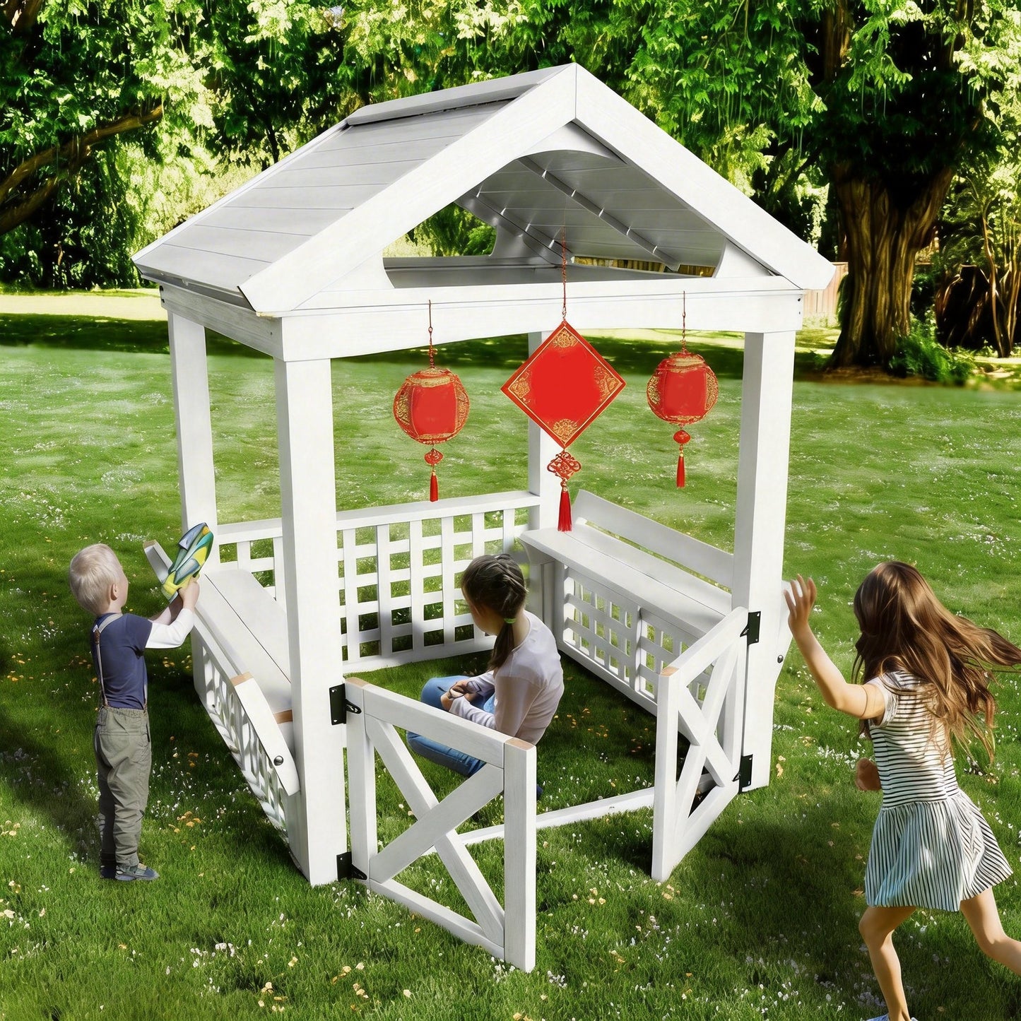 Outdoor Playhouse with Door, SEGMART Wooden Playhouse with Floor for Outdoor, Kids Playhouse with Bench for Kids Ages 3+, Toddler Play House for Outdoor Garden, Lawn, Patio, Yard