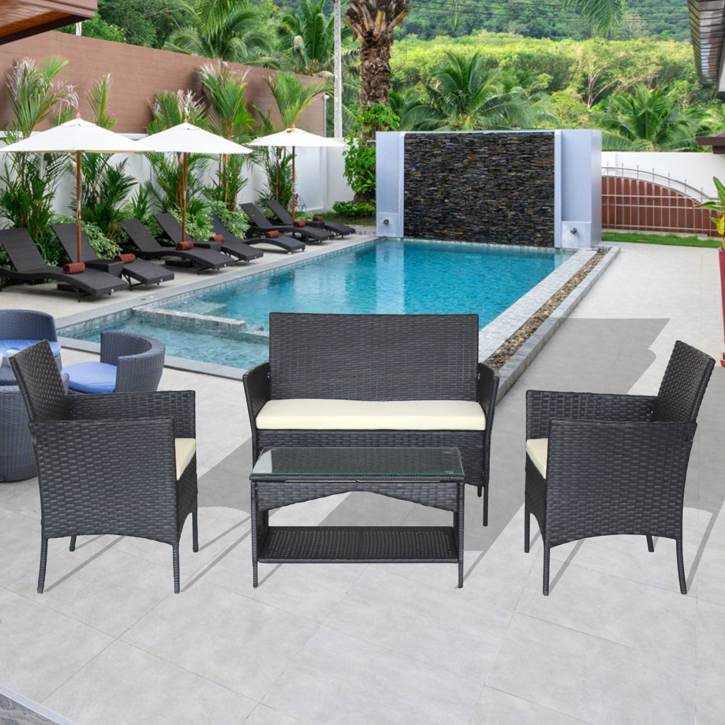 Patio Furniture Set, 2023 4 Pieces Patio Furniture Sets with Soft Cushion, Leisure Wicker Chair Conversation Set with Loveseat and 2 Single Chairs Set for Porch Garden Poolside Balcony, Brown, S1862