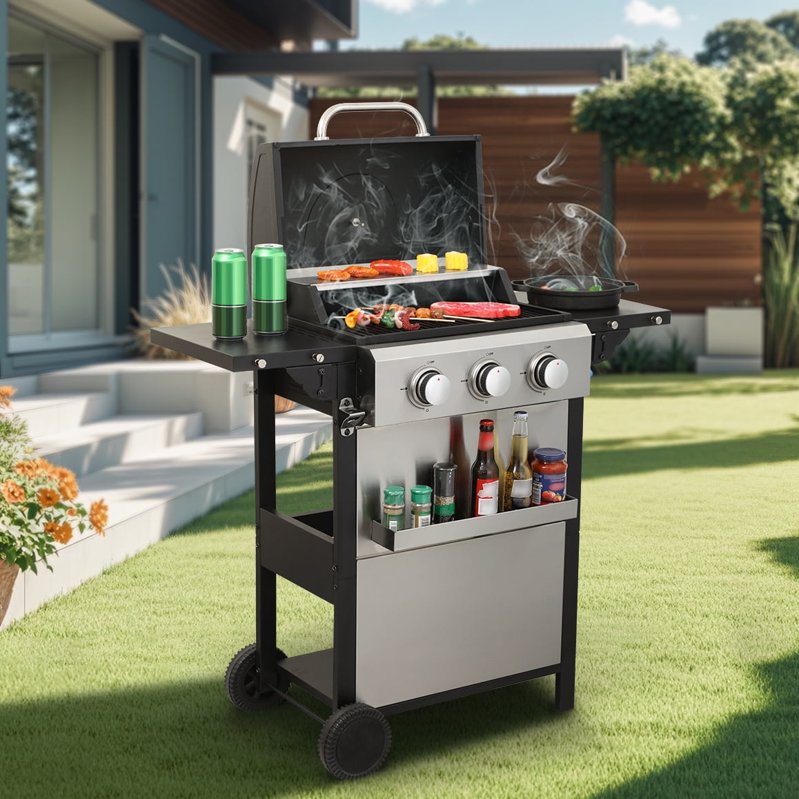 3-Burner Propane Gas BBQ Grill, 25650BTU Stainless Steel Outdoor Barbecue with Foldable Side Tables, Enamel Cooking Grids & Auto Ignition – Perfect for Garden, Patio, and Camping
