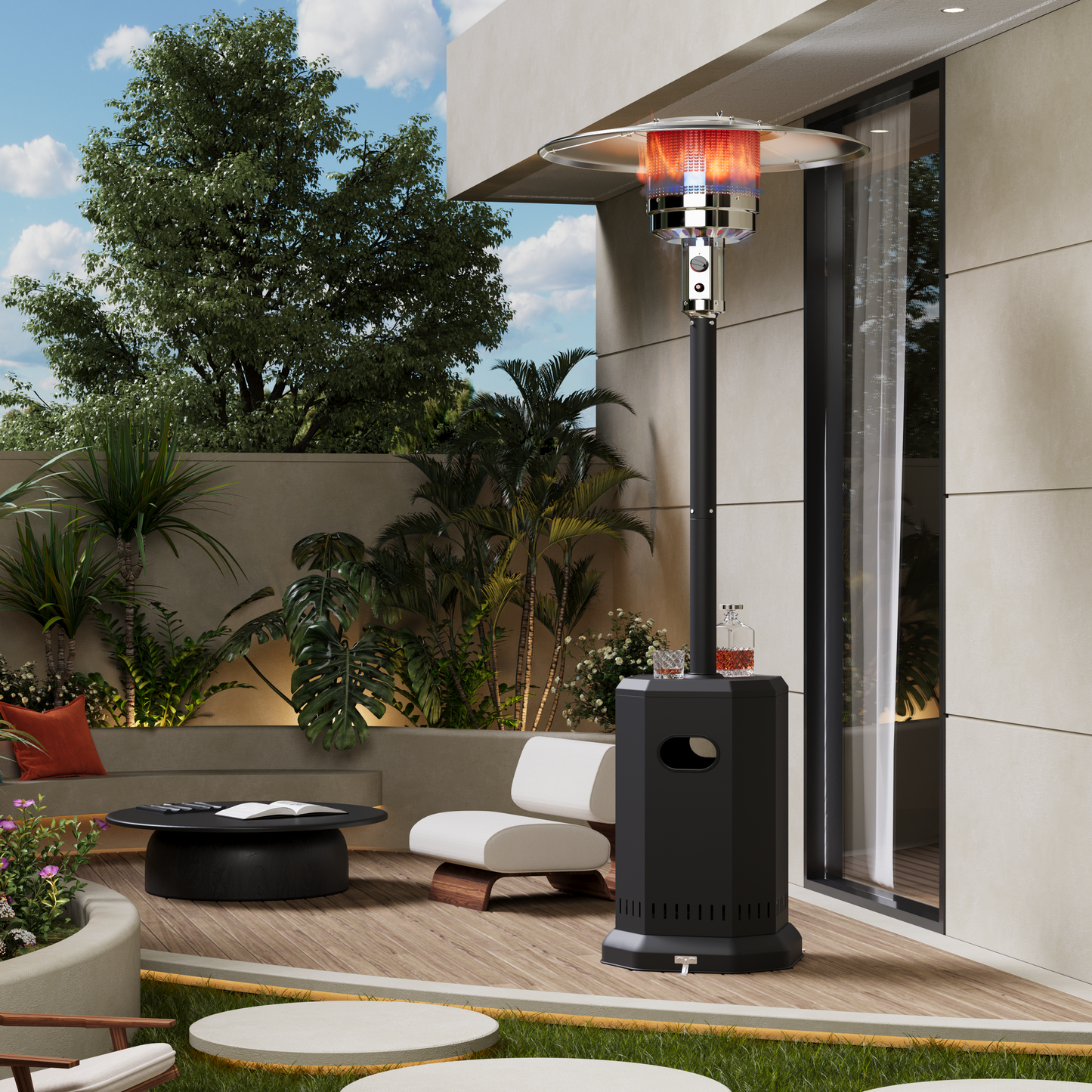 50,000 BTU Propane Patio Heater, Outdoor Heater with Table Design, Double-Layer Stainless Steel Burner, and Wheels, Portable Heater for Home and Commercial