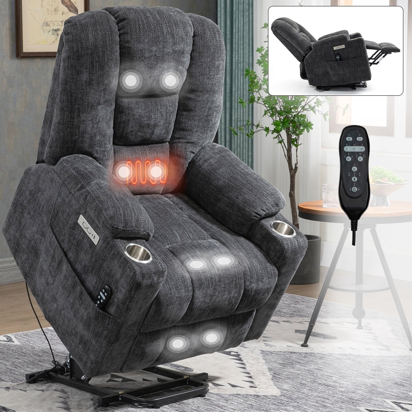 Power Lift Recliner Chair with Massage and Heat for Elderly, Segmart Overstuffed Wide Recliners, Heavy Duty Motion Mechanism with USB and Type C Ports, 2 Steel Cup Holders, Dark Gray