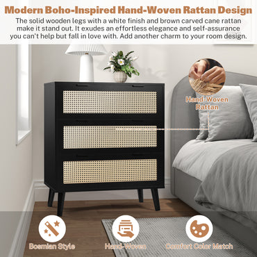 Segmart 3 Drawers Dresser for Bedroom, Modern Rattan Storage Chest of Drawers with Drawers and Metal Handles, Farmhouse Wood Black Dresser Storage Cabinet with Solid Wood Leg, Black