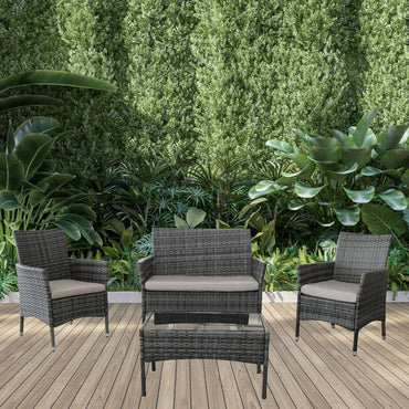 4 Pieces Outdoor Patio Furniture Set, Wicker Patio Conversation Set, All-Weather Outdoor Rattan Patio Table and Chairs Set, Wicker Patio Furniture with Cushions, Table for Backyard, Porch, Garden