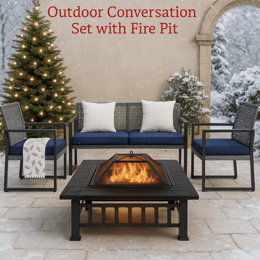 SEGMART 4-Piece Patio Furniture Set, Patio Dining Table and Chair Set With 32-inch Fire Pit, Outdoor Sofa Set With Cushions, For Porch, Patio, Garden, Poolside, Blue.