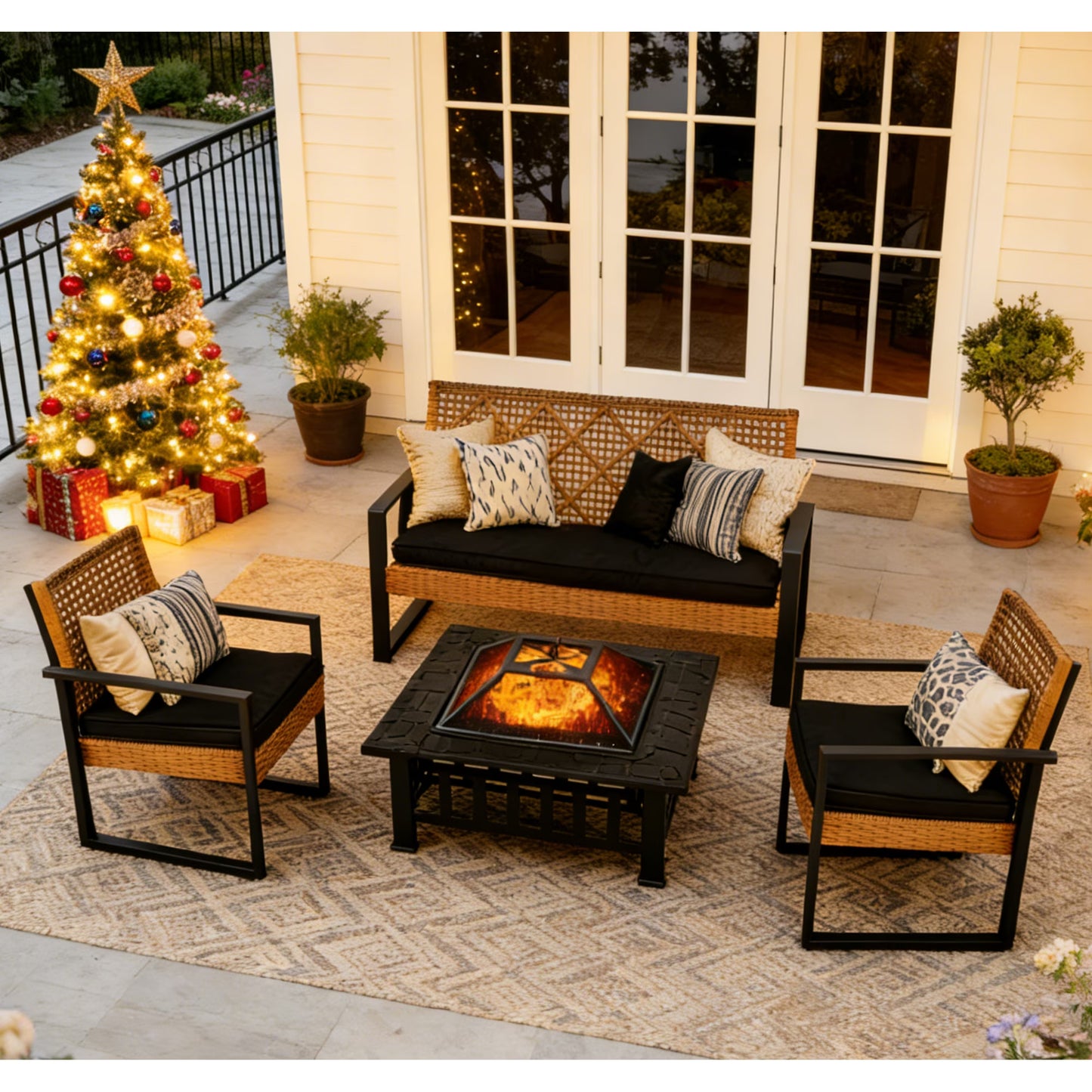 SEGMART 4-Piece Patio Furniture Set, Patio Dining Table and Chair Set With 32-inch Fire Pit, Outdoor Sofa Set With Cushions, For Porch, Patio, Garden, Poolside,Brown.