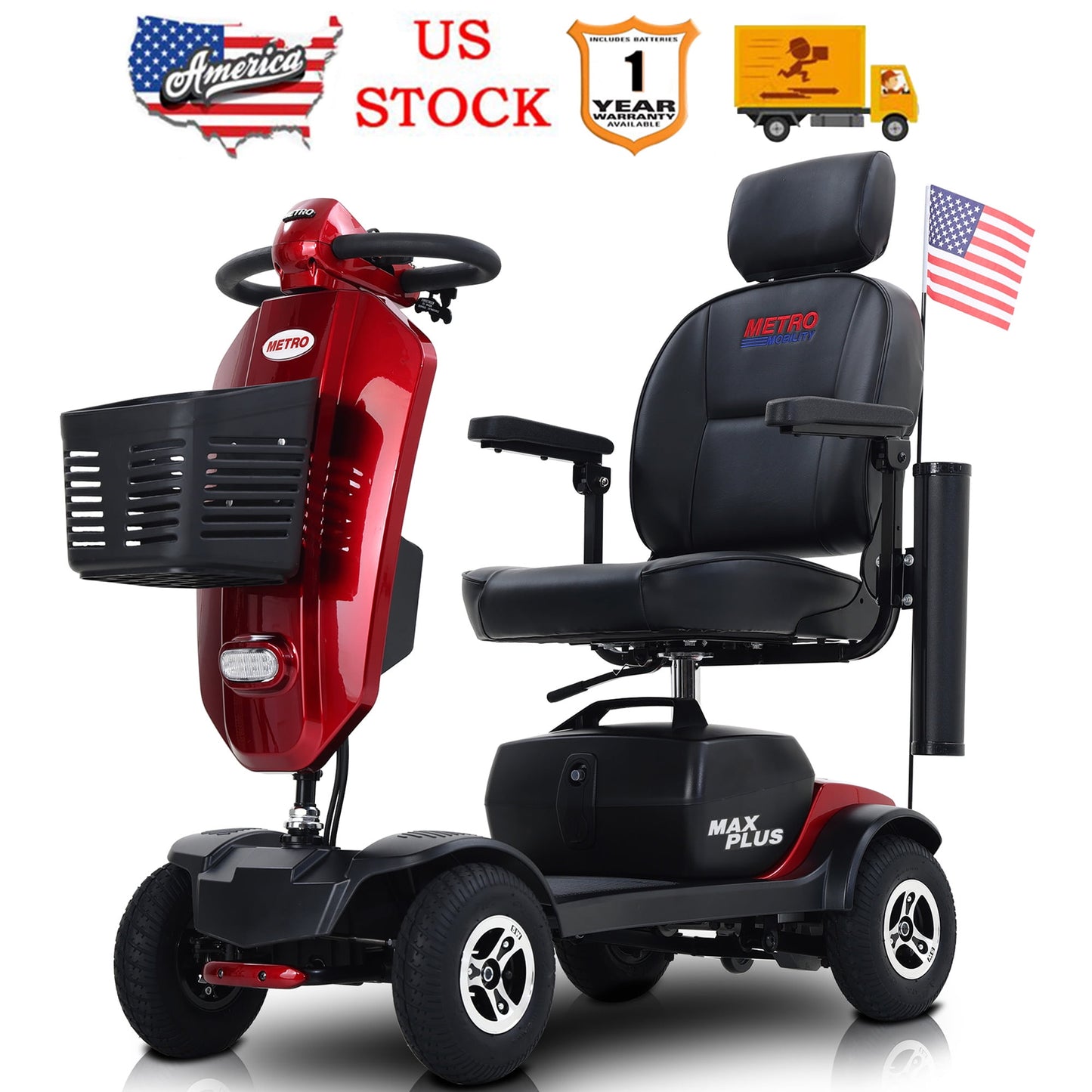 SEGMART 4 Wheel Mobility Scooter for Senior, 300W Motor Electric Outdoor Compact Mobility Scooter, Motorized Scooter with Pneumatic Tires, Cup Holder, USB Charging Port, Red, SS1893