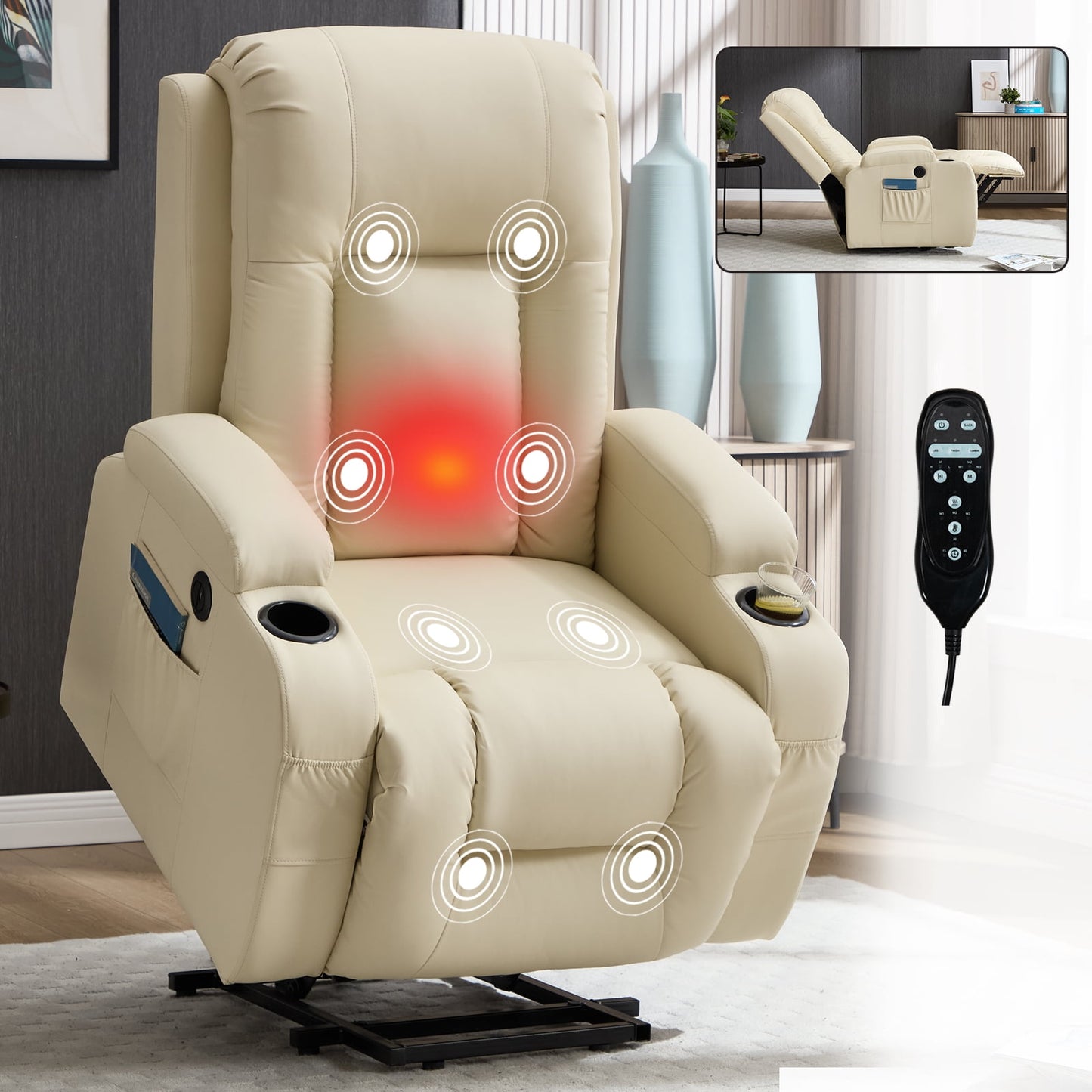 Power Lift Recliner Chair with Massage and Heat,Faux Leather Soft Chair with USB Charging&Cup Holders, Infinite Position Reclining,Heavy Duty 350 LBS Capacity