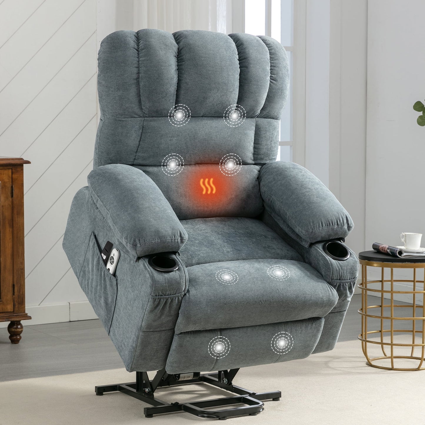 Segmart Power Lift Recliner Chair for Elderly with Massage & Heat, 350lbs Capacity, Soft Linen Fabric, Remote Control, USB Port, Blue – Electric Lounge Chair for Living Room