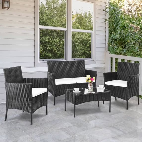 SYNGAR 4 Piece Outdoor Patio Sofa Set, Patio Rattan Furniture Set with Coffee Table & Cushioned,Outdoor All-Weather PE Wicker Sofa Set for Poolside, Backyard, Balcony, Beige