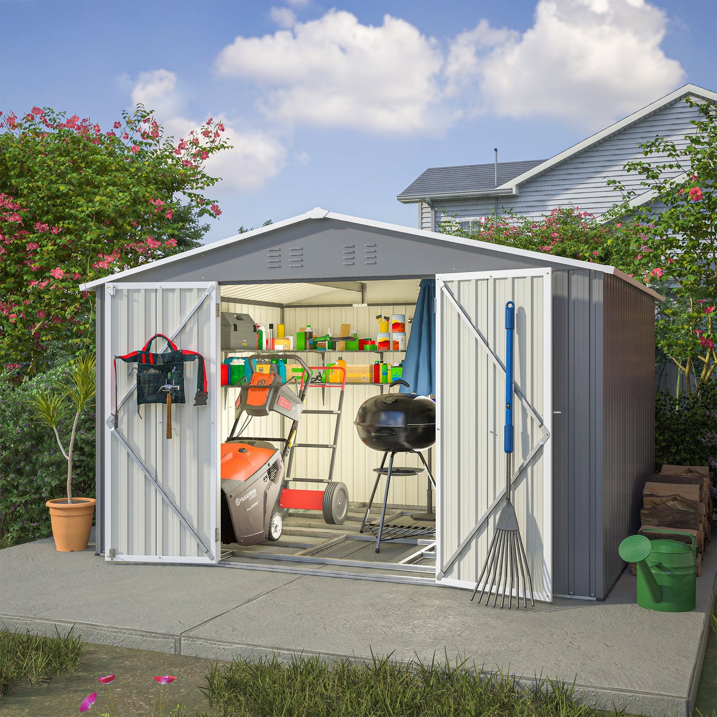 10x8FT Outdoor Storage Shed with Floor, Segmart Metal Garden Sheds & Outdoor Storage, Large Tool Sheds for Patio, Lawn, Backyard, Weather-Proof, Dark Gray