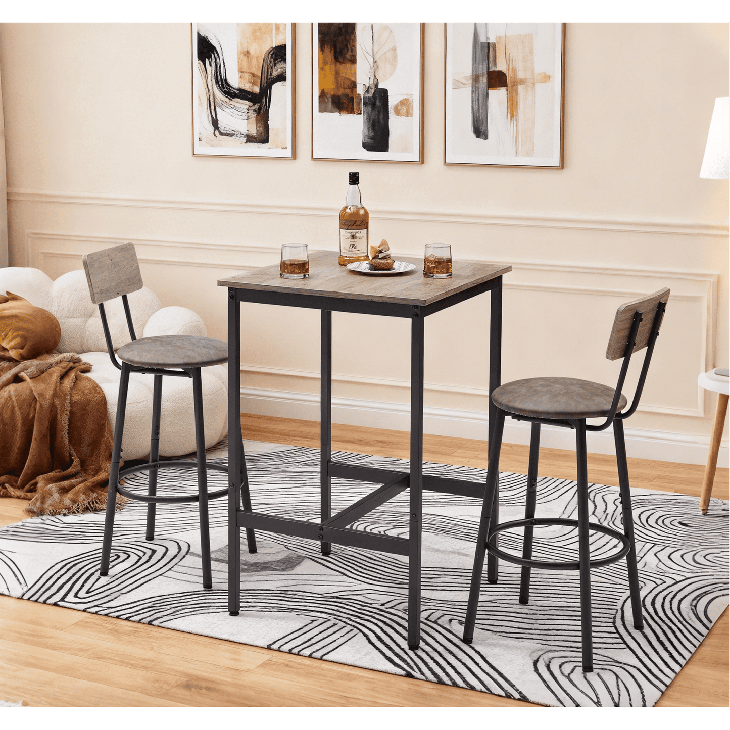 Bar Height Dining Set for 2, 3 Piece Bar Table Set with 2 PU Soft Seat Bar Stools, Kitchen & Living Room High Bar Table Set with Marble Wood Finishbar Table, Space Saving Design, Gray
