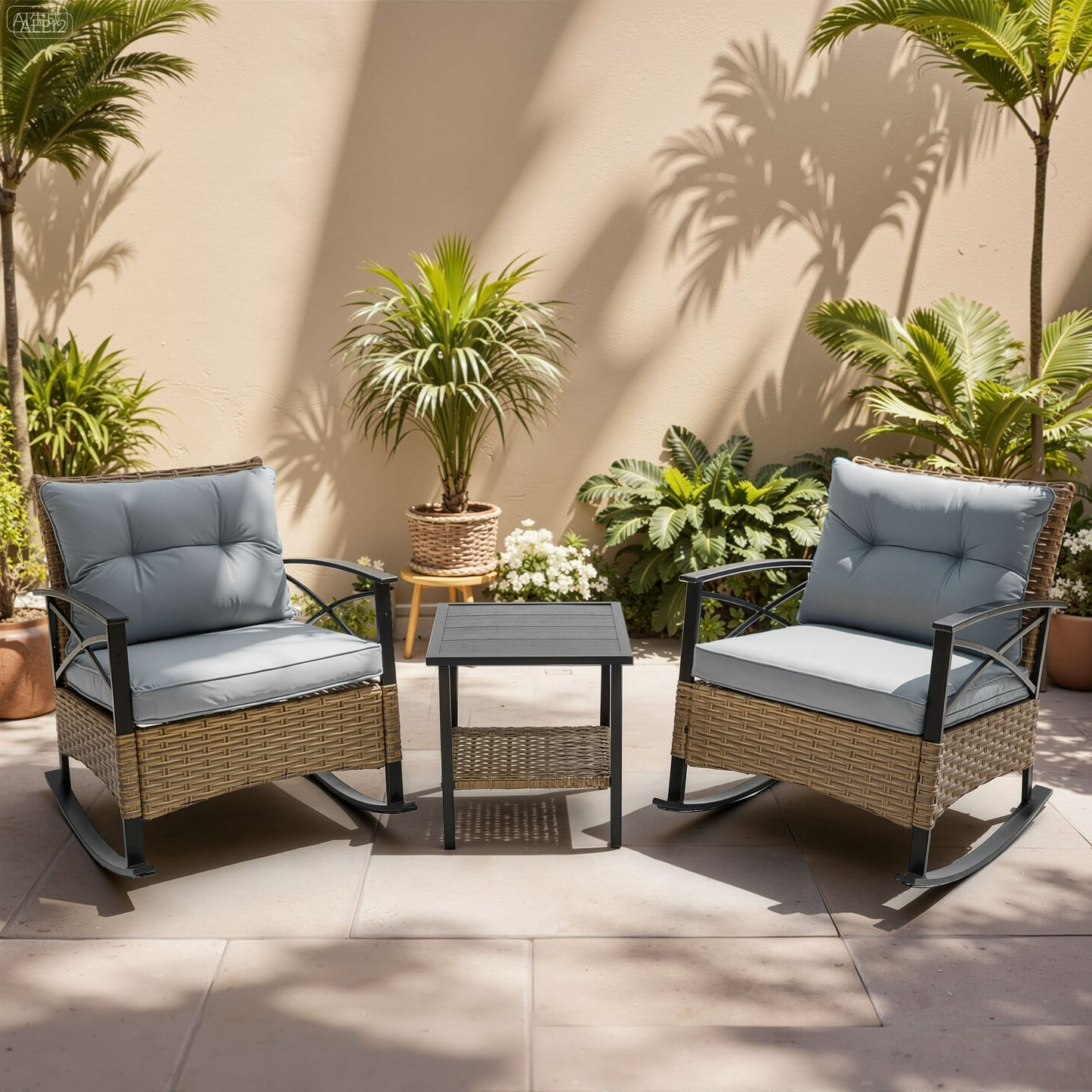 Segmart 3PCS Patio Rocking Bistro Chairs Set, Front Porch Furniture Sets with Cushions,Outdoor Rattan Wicker Sofa Chairs and Table,250Ibs, Blue