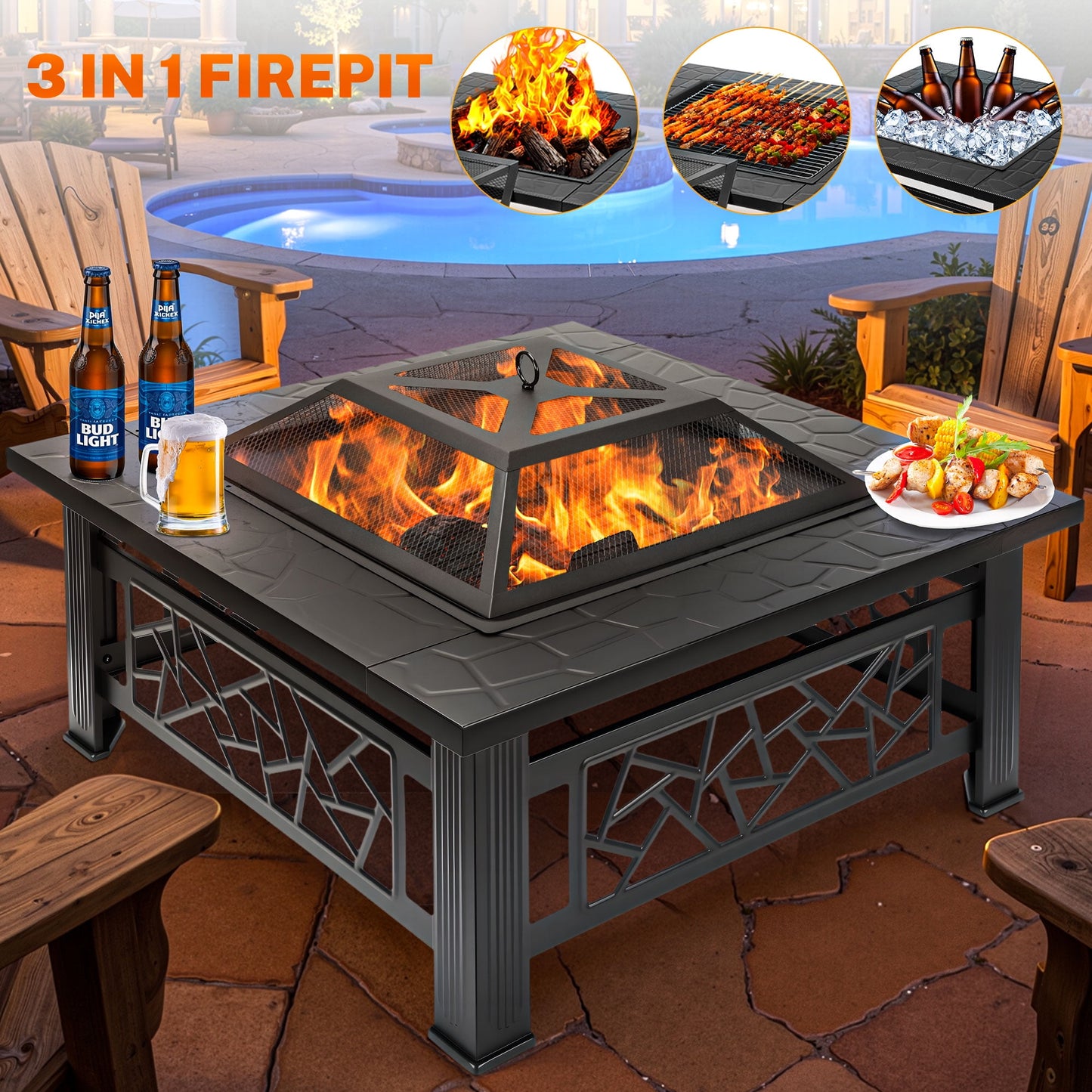 Segmart 32" Fire Pit for Outside, Square Wood Burning Metal Firepit Table w/Waterproof Cover, Food Clip, Mesh Screen Lid, Poker, Heater/Grill/Ice Pit for Backyard Patio Garden BBQ Grill, S7044