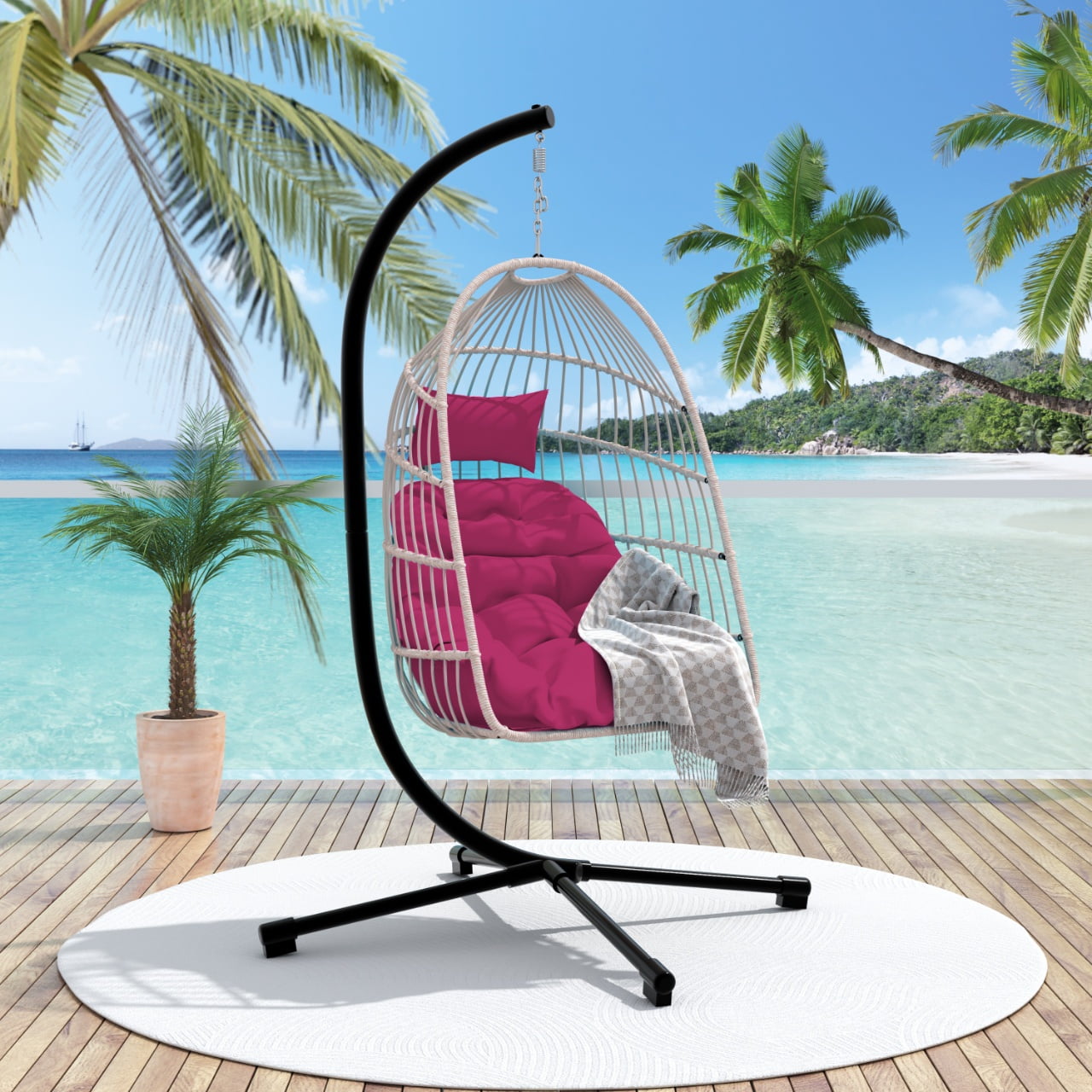 Egg Hanging Chair with Stand - Foldable Patio Swing Chair, Hanging Egg Chair, Wicker Swing with Cushion & Headrest for Garden, Balcony, Porch,350lb Capacity ,Beige